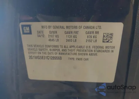 2012 Chevrolet Impala Lt z USA, uszkodzony, nr VIN 2G1WG5E31C1289560